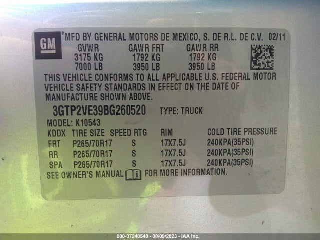 2011 GMC SIERRA 1500 SLE VIN: 3GTP2VE39BG260520