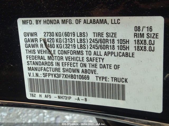 Honda Ridgeline Rtl-e 2017 5FPYK3F7XHB010669 Image 9