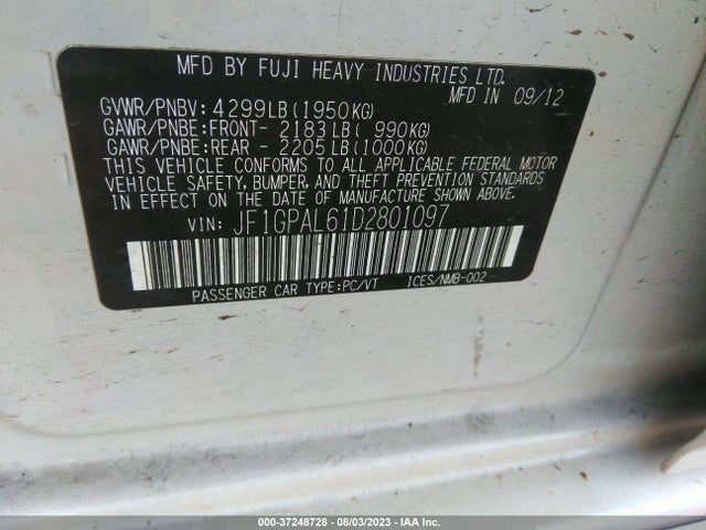 2013 SUBARU IMPREZA WAGON 2.0I SPORT PREMIUM VIN: JF1GPAL61D2801097