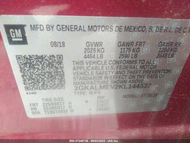 2019 GMC TERRAIN SLE VIN: 3GKALMEV2KL144537