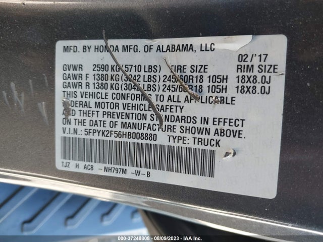 Honda Ridgeline Rtl 2017 5FPYK2F56HB008880 Image 9