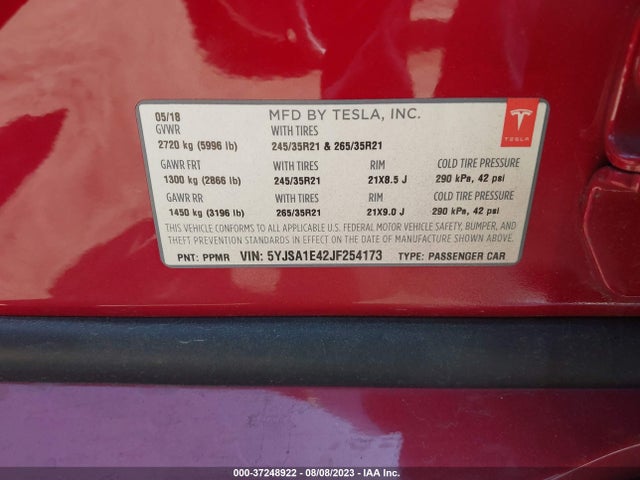 Tesla Model S 75d/100d/p100d 2018 5YJSA1E42JF254173 Image 9