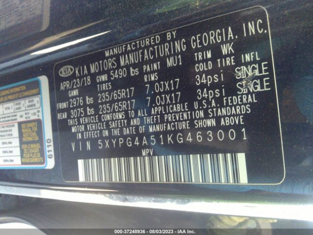 5XYPG4A51KG463001 KIA Sorento Lx V6