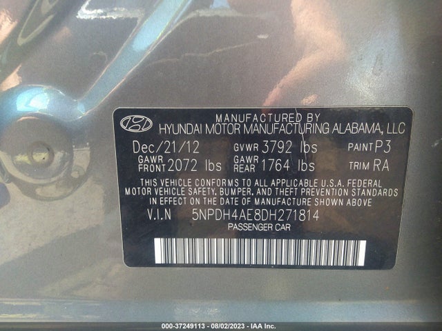 2013 HYUNDAI ELANTRA GLS PZEV VIN: 5NPDH4AE8DH271814