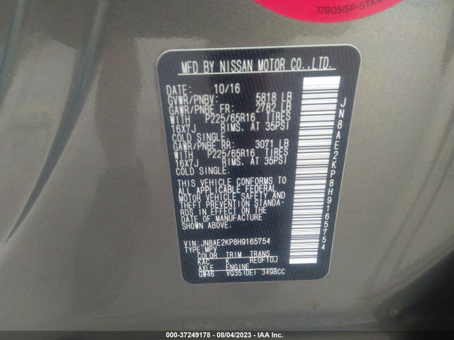 2017 Nissan Quest, VIN: JN8AE2KP8H9165754
