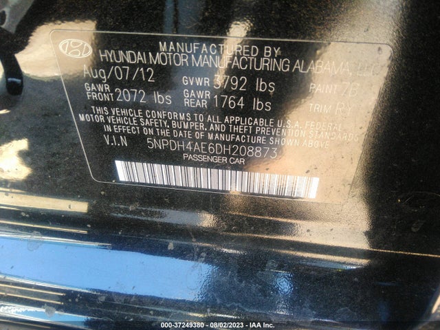 2013 HYUNDAI ELANTRA LIMITED PZEV VIN: 5NPDH4AE6DH208873
