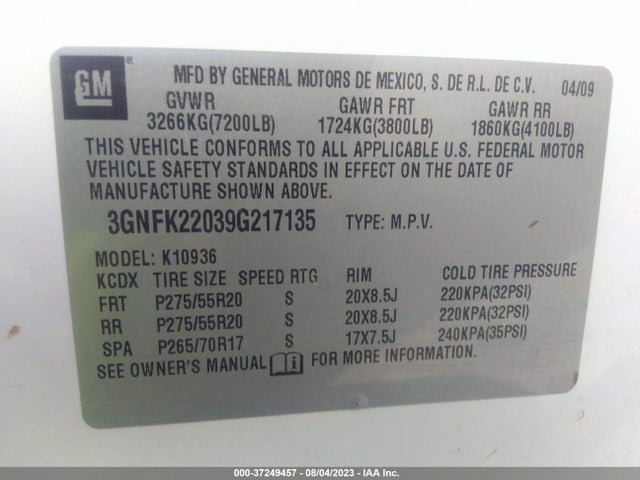 2009 CHEVROLET AVALANCHE 1500 3GNFK22039G217135 Photo 8