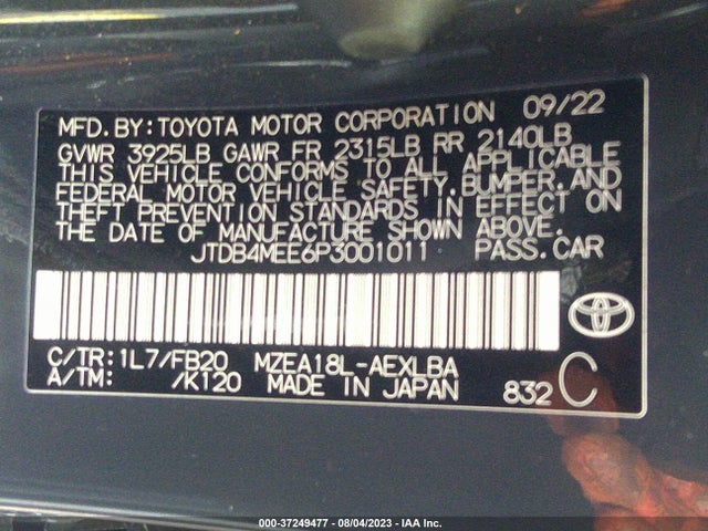 2023 TOYOTA COROLLA LE VIN: JTDB4MEE6P3001011