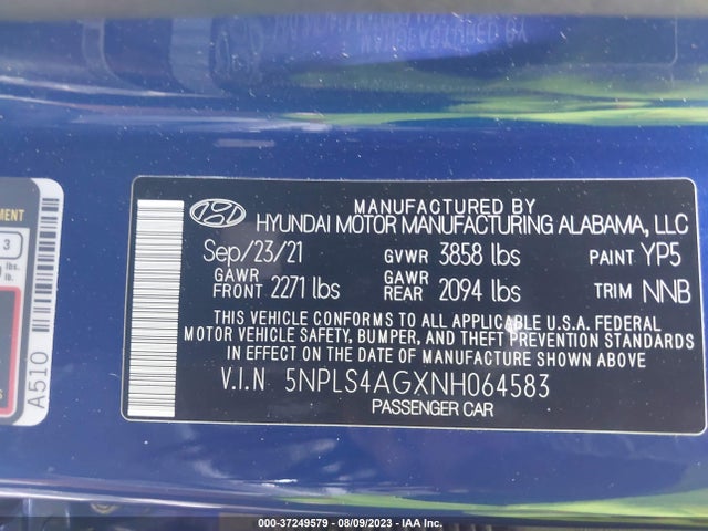 2022 HYUNDAI ELANTRA SEL VIN: 5NPLS4AGXNH064583