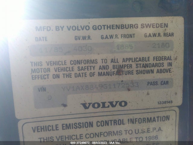 1986 VOLVO 244 DL/GL VIN: YV1AX8849G1172533
