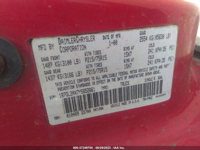 2000 DODGE DAKOTA SPORT/SLT VIN: 1B7GL2AX7YS652661