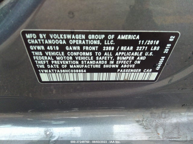 1VWAT7A36HC038854 Volkswagen Passat 1.8t S