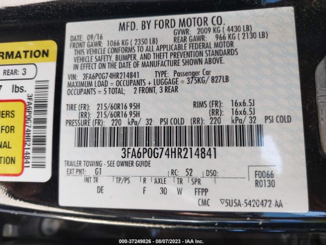 3FA6P0G74HR214841 Ford FUSION S