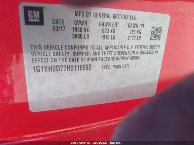 Chevrolet Corvette Z51 1lt 2017 1G1YH2D77H5118892 Image 9
