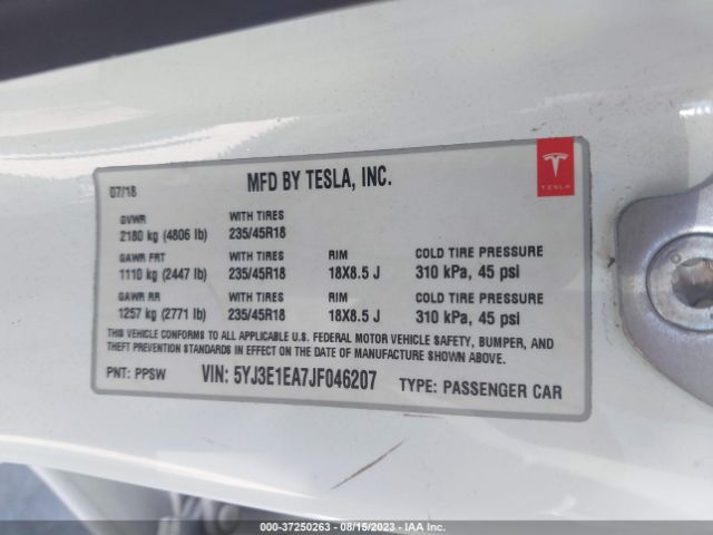 5YJ3E1EA7JF046207 Tesla Model 3 Range Battery