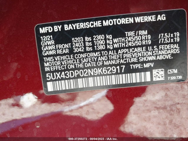 5UX43DP02N9K62917 BMW X3 Sdrive30i