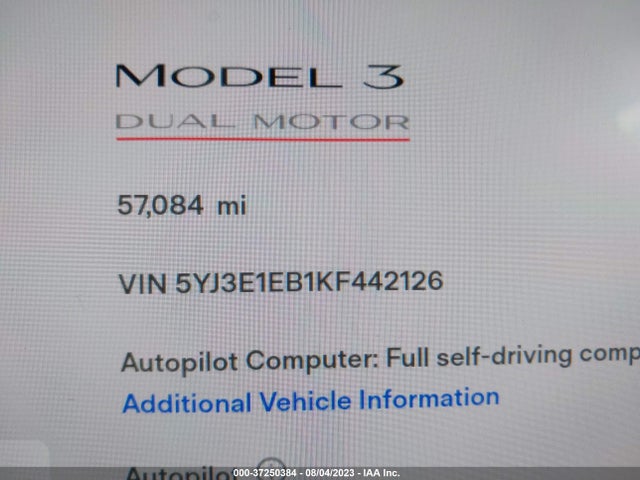 2019 Tesla 3, VIN: 5YJ3E1EB1KF442126
