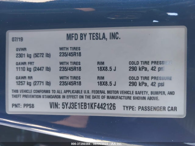 2019 Tesla 3, VIN: 5YJ3E1EB1KF442126