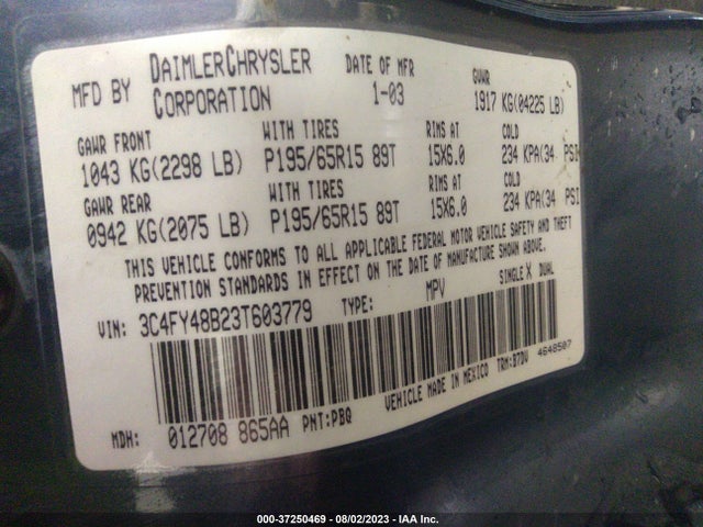 2003 CHRYSLER PT CRUISER VIN: 3C4FY48B23T603779