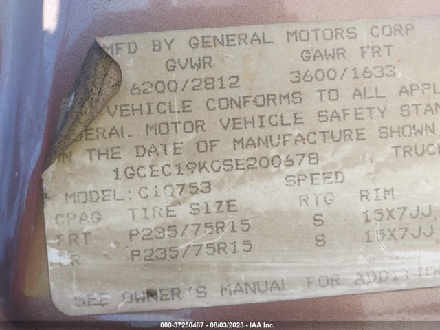 1995 CHEVROLET GMT-400 C1500 VIN: 1GCEC19K0SE200678