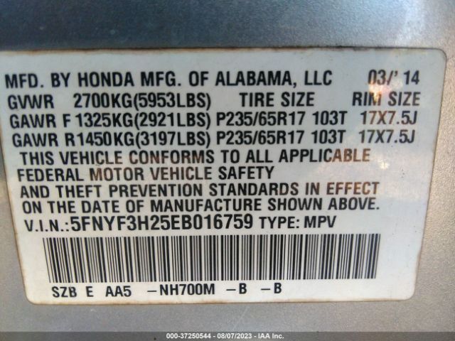 5FNYF3H25EB016759 Honda PILOT LX