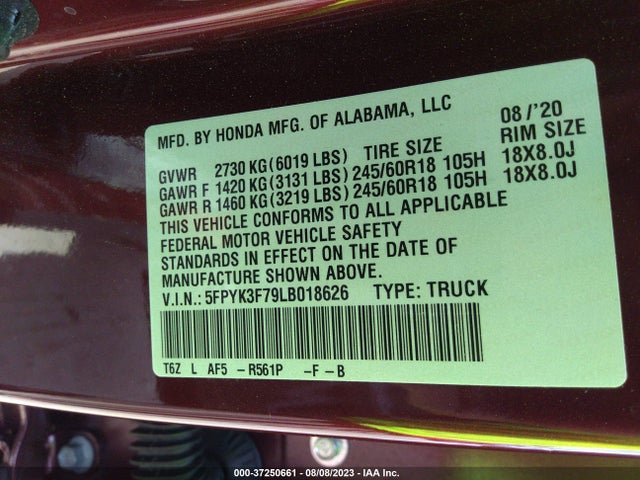 Honda Ridgeline Rtl-e 2020 5FPYK3F79LB018626 Image 9