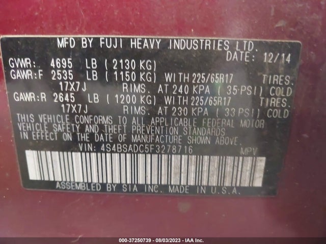 Subaru Outback 2.5i Premium 2015 4S4BSADC5F3278716 Image 16