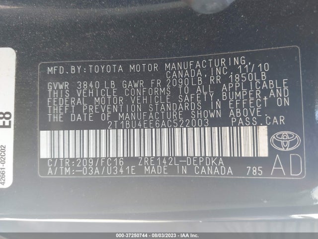 2010 TOYOTA COROLLA VIN: 2T1BU4EE6AC522003
