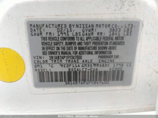 3N1AB7AP1FY247600 Nissan Sentra Sr/sl/s/sv/fe+ S