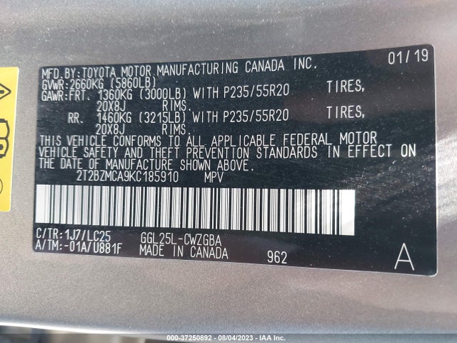 2T2BZMCA9KC185910 Lexus Rx Rx 350