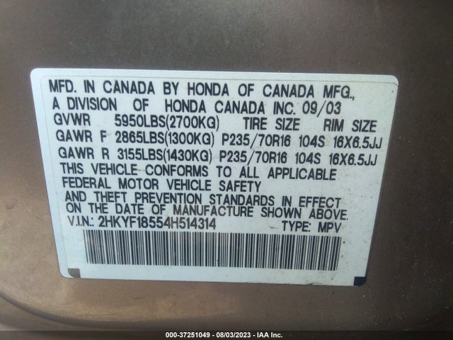 2004 HONDA PILOT EX VIN: 2HKYF18554H514314