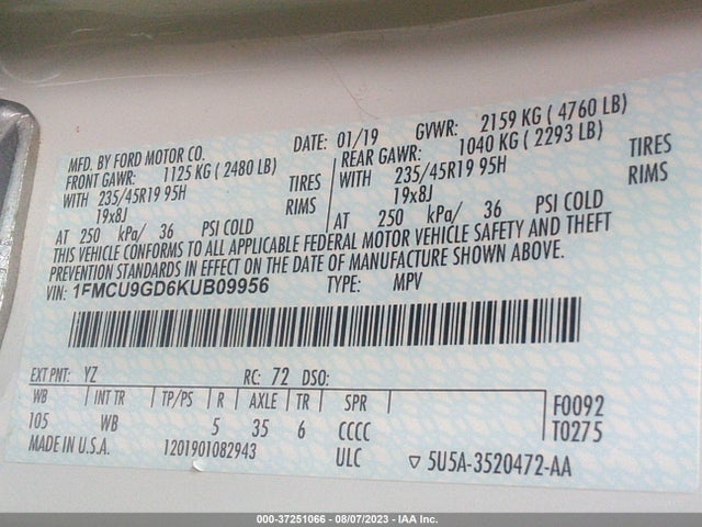 Ford ESCAPE SE 2019 1FMCU9GD6KUB09956 Image 9