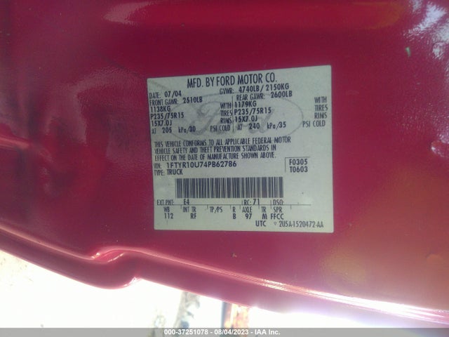 2004 FORD RANGER XL/XLT/EDGE VIN: 1FTYR10U74PB62786