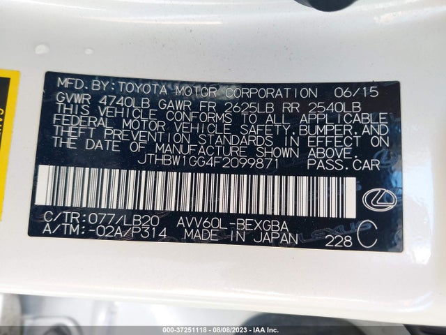 JTHBW1GG4F2099871 Lexus Es 300h Hybrid
