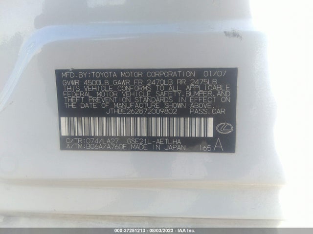 2007 LEXUS IS 350 VIN: JTHBE262872009802