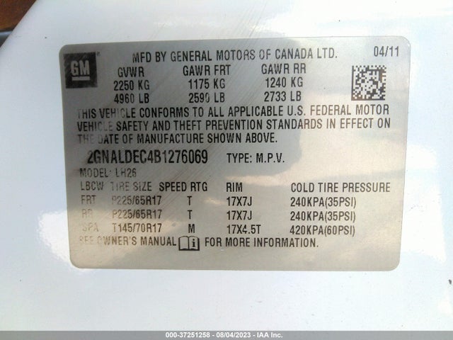 2011 CHEVROLET EQUINOX LT W/1LT VIN: 2GNALDEC4B1276069
