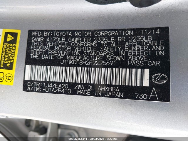 JTHKD5BH2F2225691 Lexus Ct 200h Hybrid