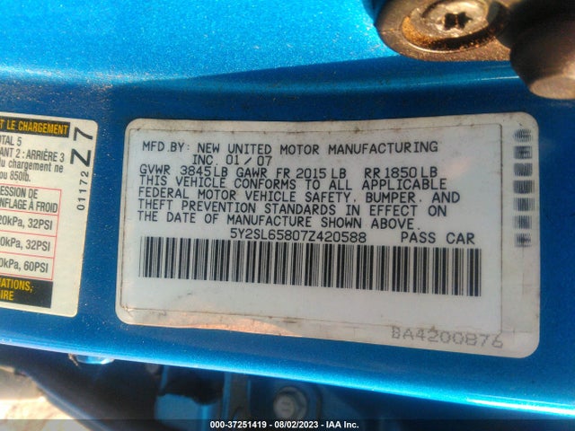 2007 PONTIAC VIBE VIN: 5Y2SL65807Z420588