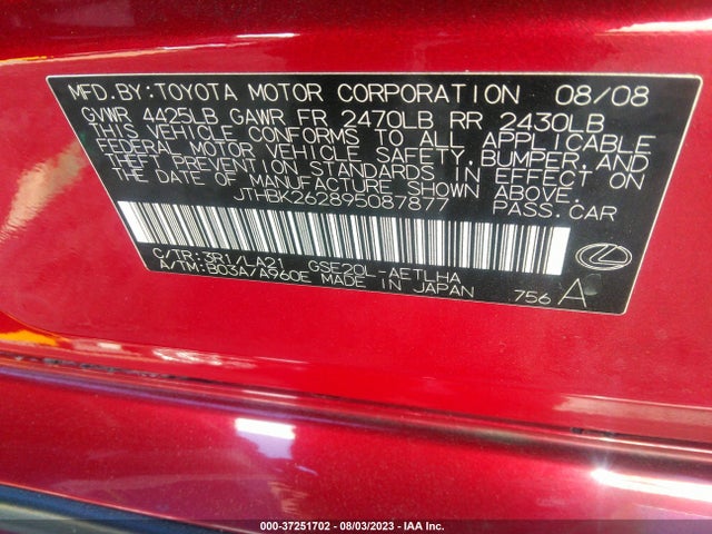 2009 LEXUS IS 250 VIN: JTHBK262895087877