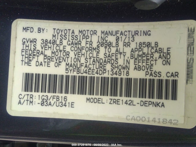 2013 TOYOTA COROLLA L/LE/S VIN: 5YFBU4EE4DP134918