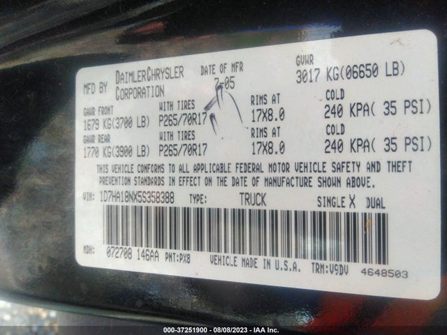 2005 DODGE RAM 1500 SLT VIN: 1D7HA18NX5S358388