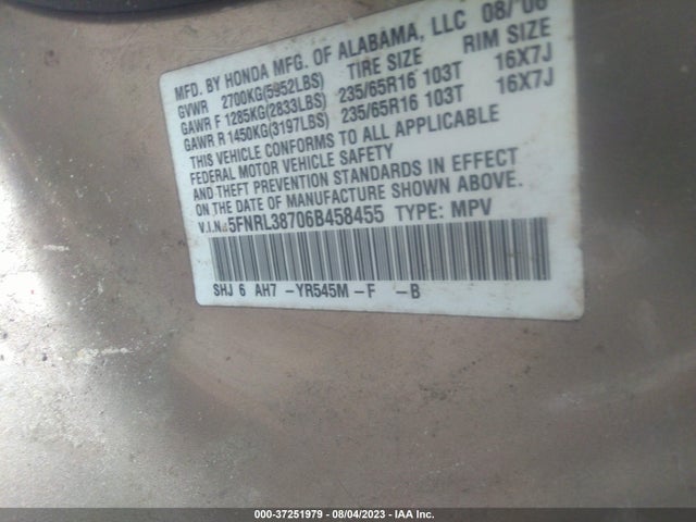 2006 HONDA ODYSSEY EX-L VIN: 5FNRL38706B458455