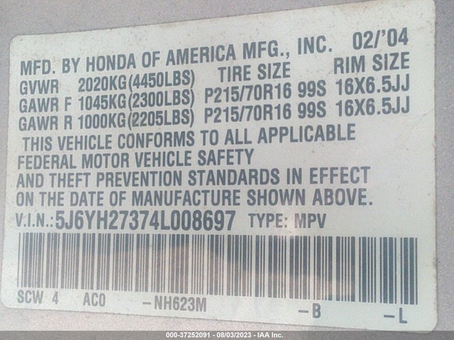 2004 HONDA ELEMENT LX VIN: 5J6YH27374L008697