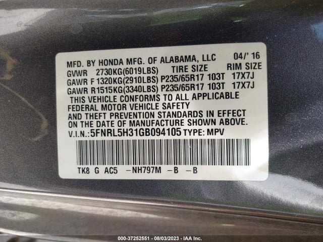 Honda ODYSSEY SE 2016 5FNRL5H31GB094105 Image 9