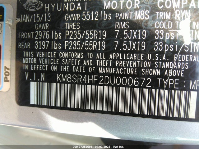 2013 HYUNDAI SANTA FE LIMITED VIN: KM8SR4HF2DU000672