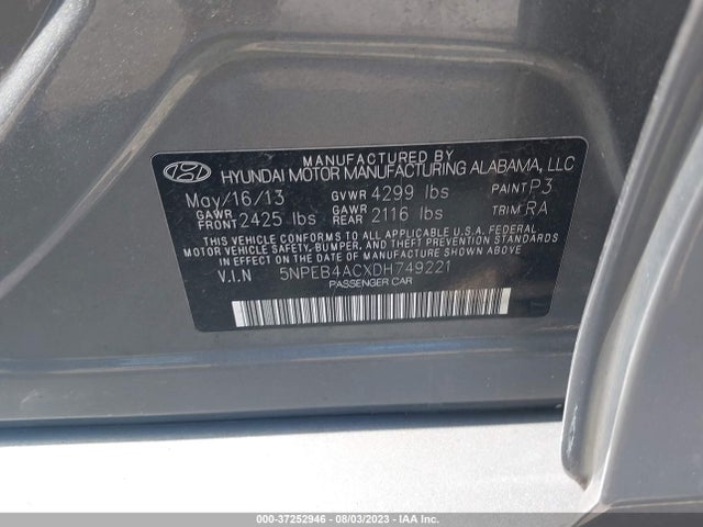 2013 HYUNDAI SONATA GLS VIN: 5NPEB4ACXDH749221