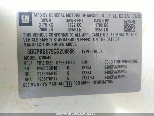 2012 CHEVROLET SILVERADO 1500 LT VIN: 3GCPKSE79CG209666