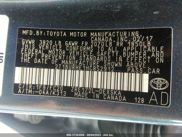 2017 TOYOTA COROLLA L/LE/XLE/SE VIN: 2T1BURHE1HC852912