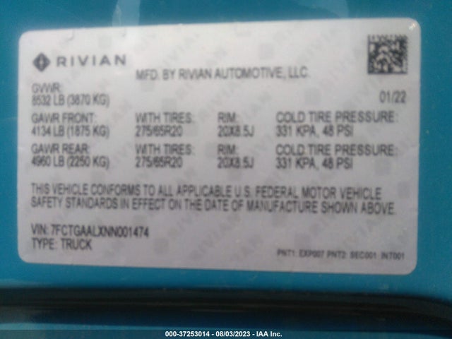 Rivian R1t Launch Edition 2022 7FCTGAALXNN001474 Image 9
