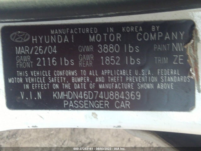 2004 HYUNDAI ELANTRA GLS/GT VIN: KMHDN46D74U884369